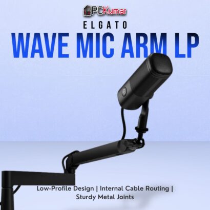 Elgato Wave Mic Arm LP with a slim silhouette, offering adjustable pivot points and discrete cable management.