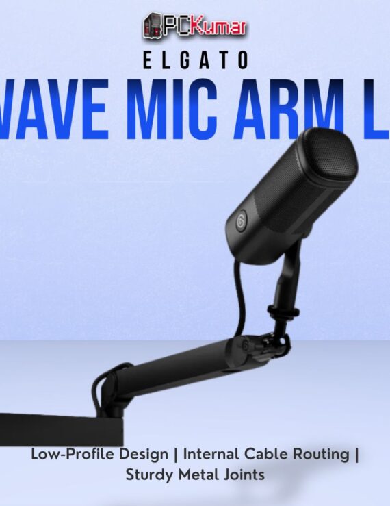 Elgato Wave Mic Arm LP with a slim silhouette, offering adjustable pivot points and discrete cable management.