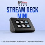 Elgato Stream Deck Mini with six bright LCD buttons, enabling quick streaming or workflow commands in a small device.