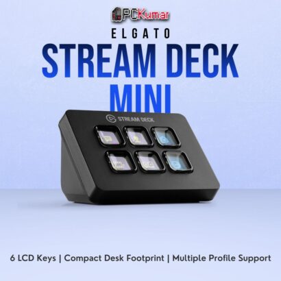 Elgato Stream Deck Mini with six bright LCD buttons, enabling quick streaming or workflow commands in a small device.