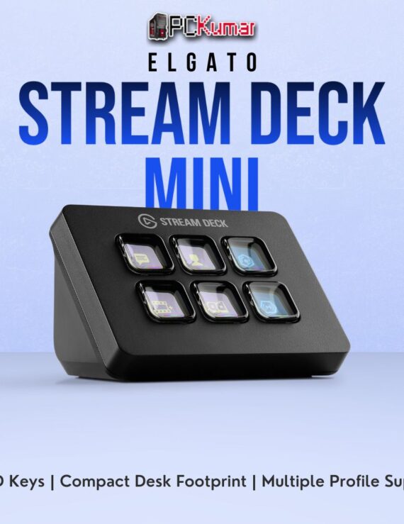 Elgato Stream Deck Mini with six bright LCD buttons, enabling quick streaming or workflow commands in a small device.