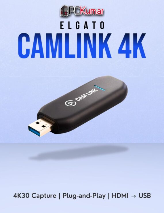 Elgato Cam Link 4K HDMI connector, enabling professional camera streaming or conference feeds via USB to computer.