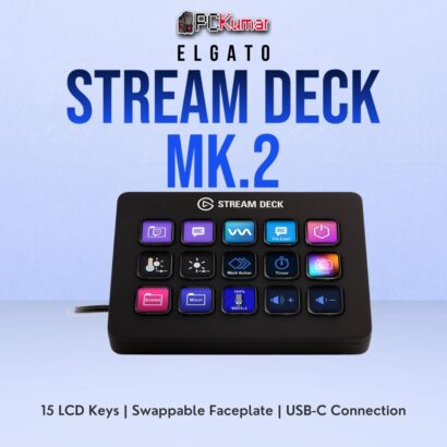 Elgato Stream Deck MK.2 with a glossy black face, displaying 15 customizable LCD buttons for streaming control.