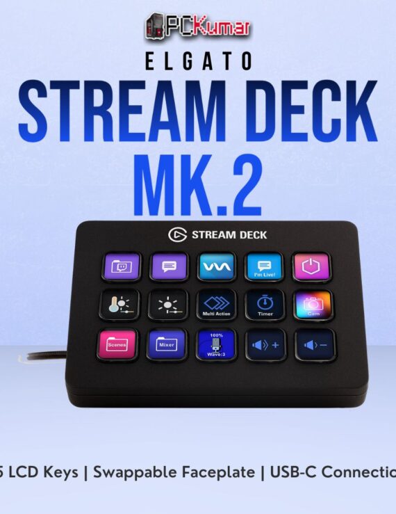 Elgato Stream Deck MK.2 with a glossy black face, displaying 15 customizable LCD buttons for streaming control.