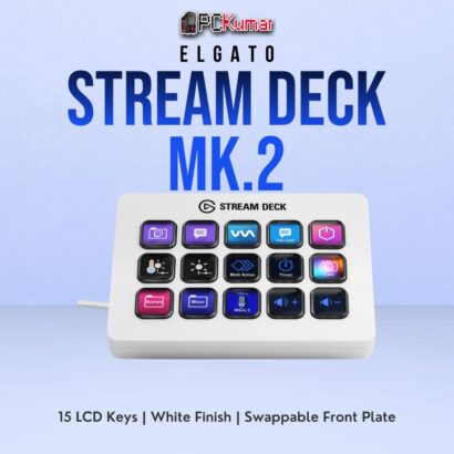 White Elgato Stream Deck MK.2 with 15 illuminated LCD buttons, suited for streamlined broadcasting or workflow macros.