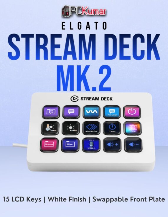 White Elgato Stream Deck MK.2 with 15 illuminated LCD buttons, suited for streamlined broadcasting or workflow macros.