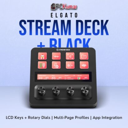 Elgato Stream Deck + featuring multiple knobs and LCD buttons, enabling in-depth customization for audio or streaming tasks.