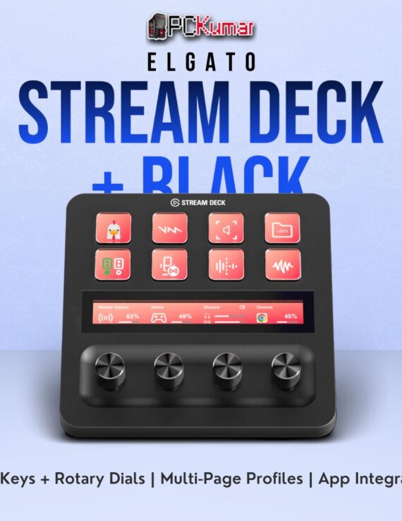 Elgato Stream Deck + featuring multiple knobs and LCD buttons, enabling in-depth customization for audio or streaming tasks.