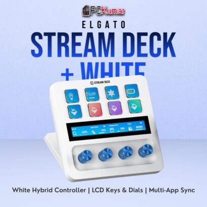White Elgato Stream Deck + with physical dials and illuminated keys, providing an all-in-one creative or streaming interface.