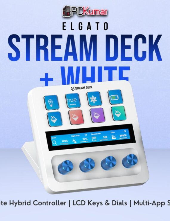 White Elgato Stream Deck + with physical dials and illuminated keys, providing an all-in-one creative or streaming interface.