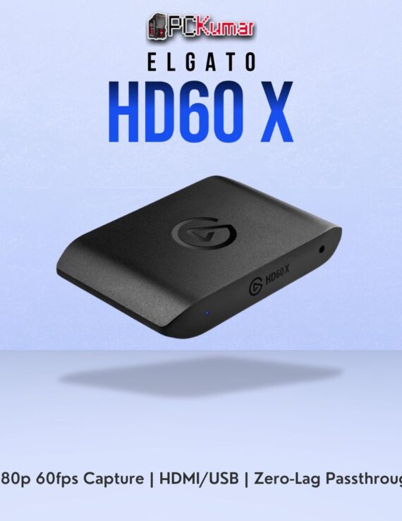 Elgato HD60 X capture card in a compact black enclosure, facilitating smooth console or PC streaming at full HD resolution.