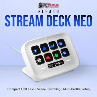Elgato Stream Deck Neo featuring a modern, streamlined approach to macro-based control with fewer LCD buttons.