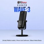Elgato Wave:3 black USB microphone offering high-resolution sound capture, a metal chassis, and onboard controls.