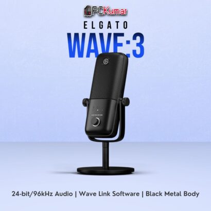 Elgato Wave:3 black USB microphone offering high-resolution sound capture, a metal chassis, and onboard controls.