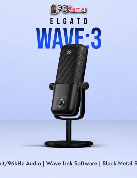 Elgato Wave:3 black USB microphone offering high-resolution sound capture, a metal chassis, and onboard controls.