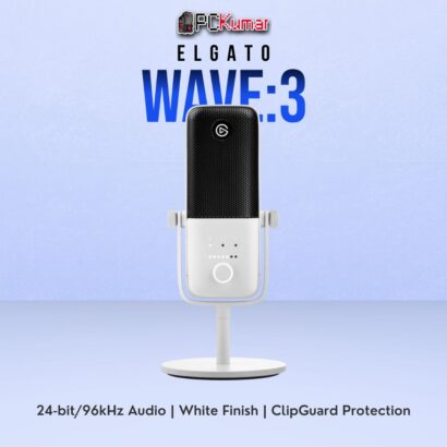 White Elgato Wave:3 USB microphone featuring a sleek body, high-res audio capture, and Wave Link software integration.