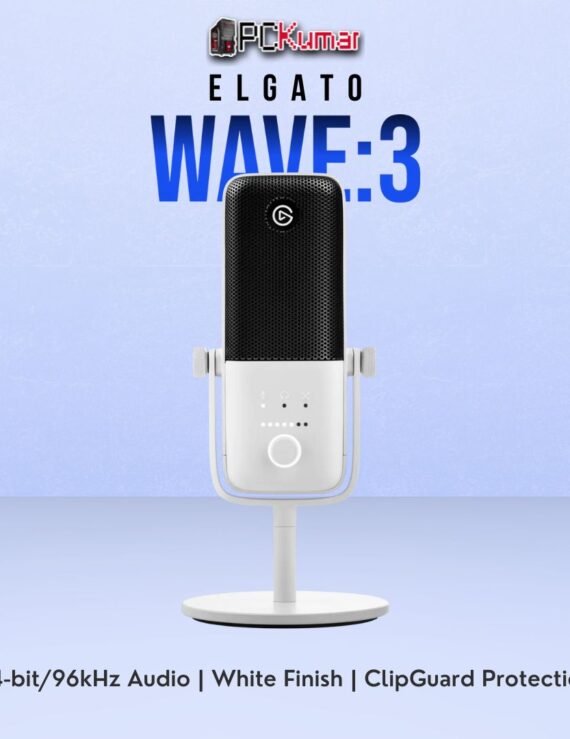 White Elgato Wave:3 USB microphone featuring a sleek body, high-res audio capture, and Wave Link software integration.
