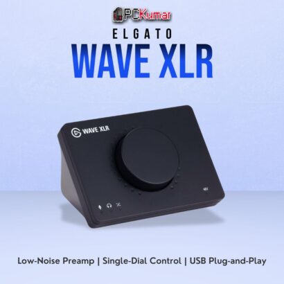 Elgato Wave XLR audio interface featuring a compact black chassis, dial for gain control, and an XLR input port.