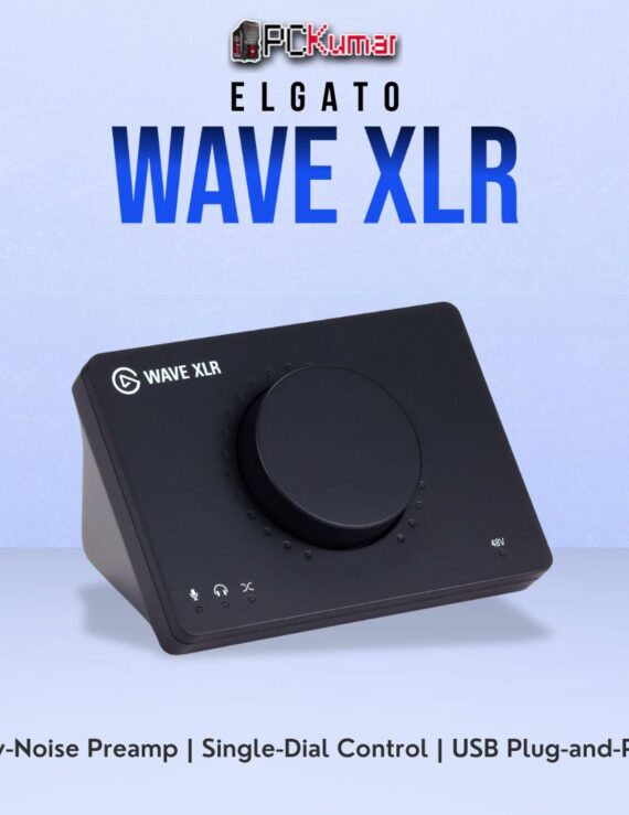 Elgato Wave XLR audio interface featuring a compact black chassis, dial for gain control, and an XLR input port.
