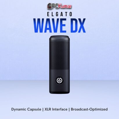 Elgato Wave DX dynamic microphone in a cylindrical metal design, aimed at professional streaming or vocal content.