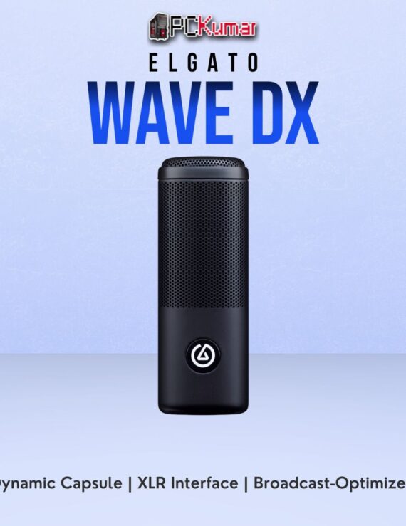 Elgato Wave DX dynamic microphone in a cylindrical metal design, aimed at professional streaming or vocal content.