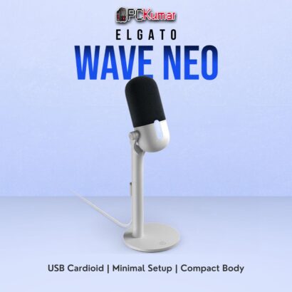 Elgato Wave Neo microphone featuring a simplified design, instantly recognized as a USB audio device for streaming or calls.