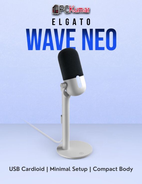 Elgato Wave Neo microphone featuring a simplified design, instantly recognized as a USB audio device for streaming or calls.