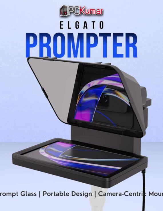Elgato Prompter device placed in front of a camera lens, allowing creators to read lines while maintaining eye contact with the audience.