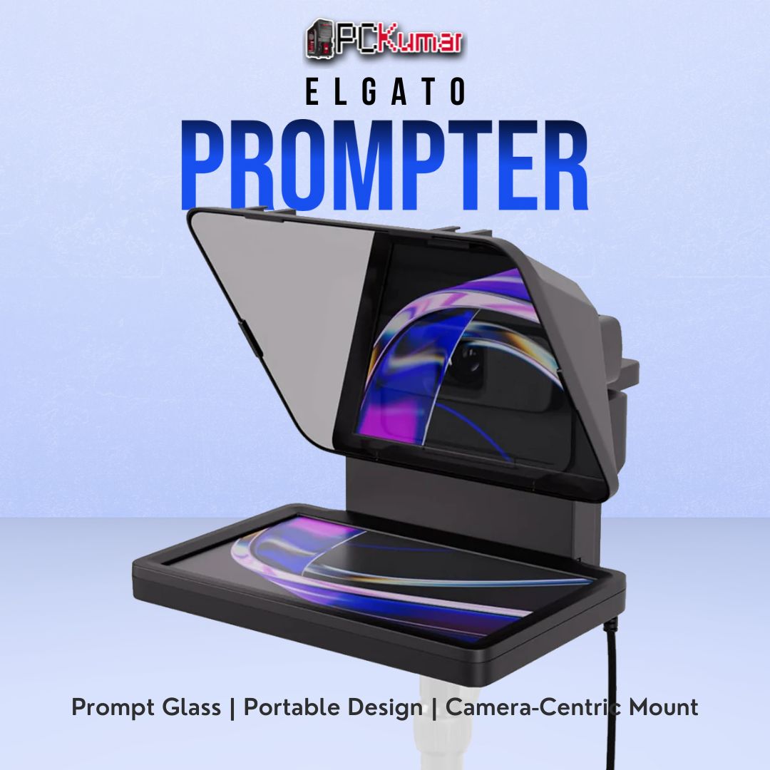 Elgato Prompter device placed in front of a camera lens, allowing creators to read lines while maintaining eye contact with the audience.