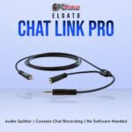 Elgato Chat Link cable featuring male and female 3.5mm connectors, enabling simultaneous in-game and voice audio capture.