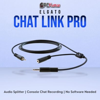 Elgato Chat Link cable featuring male and female 3.5mm connectors, enabling simultaneous in-game and voice audio capture.