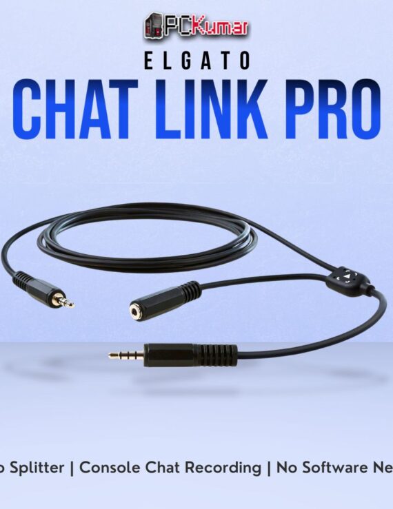 Elgato Chat Link cable featuring male and female 3.5mm connectors, enabling simultaneous in-game and voice audio capture.
