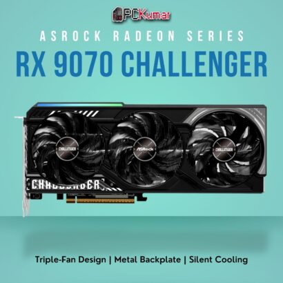 ASRock Radeon RX 9070 Challenger 16GB GPU featuring a triple-fan cooler, subtle black shroud, and robust metal backplate.