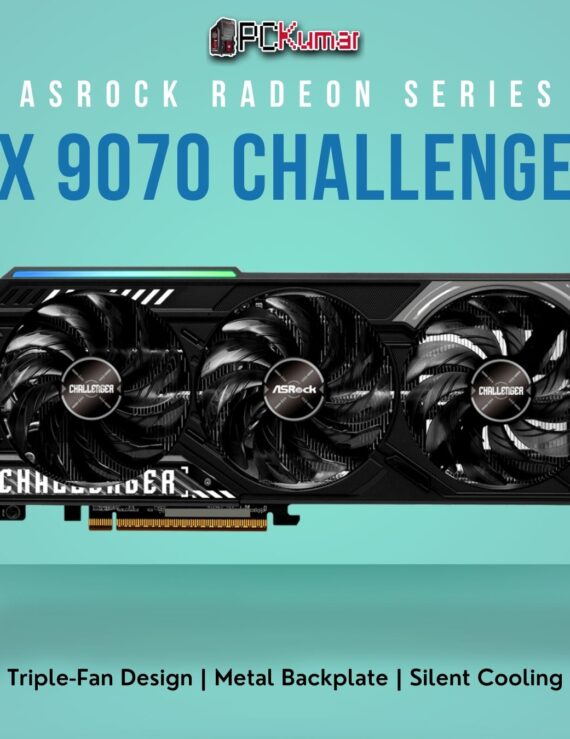 ASRock Radeon RX 9070 Challenger 16GB GPU featuring a triple-fan cooler, subtle black shroud, and robust metal backplate.