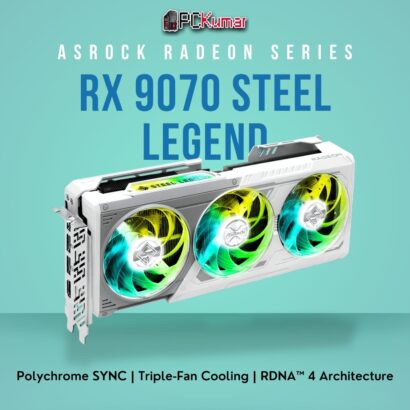 ASRock Radeon RX 9070 Steel Legend 16GB graphics card in a sleek steel-inspired design with three ARGB fans and sturdy backplate.