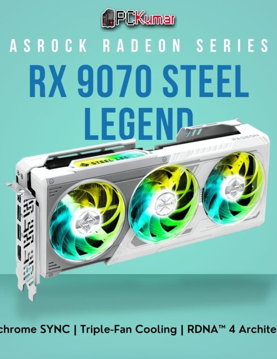 ASRock Radeon RX 9070 Steel Legend 16GB graphics card in a sleek steel-inspired design with three ARGB fans and sturdy backplate.