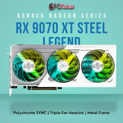 ASRock Radeon RX 9070 XT Steel Legend 16GB graphics card with silver-gray shroud, triple ARGB fans, and metal backplate.
