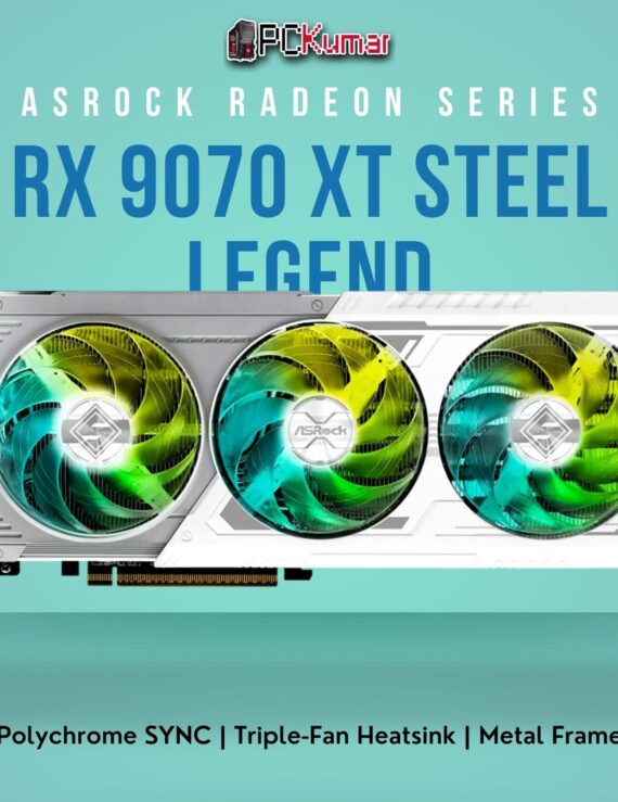 ASRock Radeon RX 9070 XT Steel Legend 16GB graphics card with silver-gray shroud, triple ARGB fans, and metal backplate.
