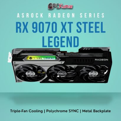 ASRock Radeon RX 9070 XT Steel Legend Dark GPU in a sleek black design, featuring three fans and an all-metal backplate.