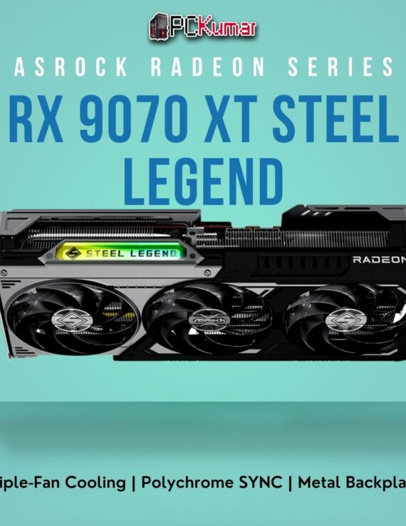 ASRock Radeon RX 9070 XT Steel Legend Dark GPU in a sleek black design, featuring three fans and an all-metal backplate.