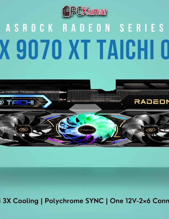 ASRock Radeon RX 9070 XT Taichi 16GB OC with a triple-fan cooler, premium black-and-gold shroud, and integrated RGB lighting.