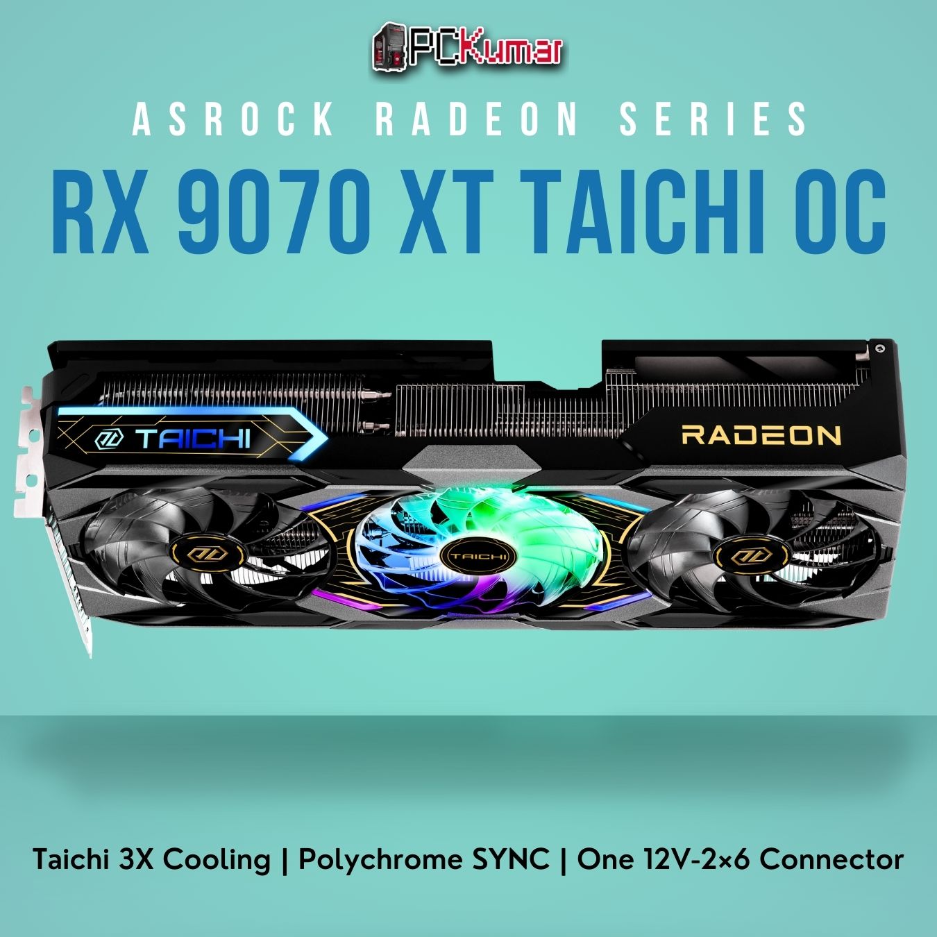 ASRock Radeon RX 9070 XT Taichi 16GB OC with a triple-fan cooler, premium black-and-gold shroud, and integrated RGB lighting.