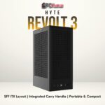 HYTE REVOLT 3 black small-form case with top handle, side vents, and minimal footprint design.