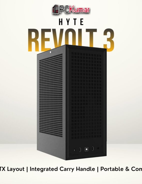 HYTE REVOLT 3 black small-form case with top handle, side vents, and minimal footprint design.