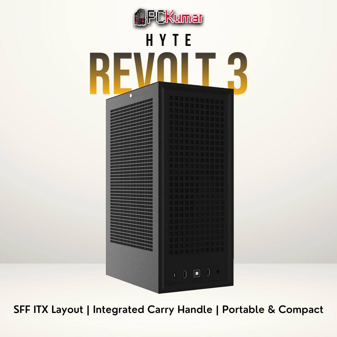 HYTE REVOLT 3 black small-form case with top handle, side vents, and minimal footprint design.