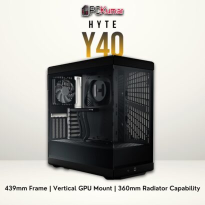 HYTE Y40 black chassis with tempered glass window, a smaller footprint than Y60, and vertical GPU setup.
