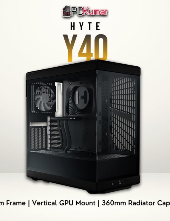 HYTE Y40 black chassis with tempered glass window, a smaller footprint than Y60, and vertical GPU setup.