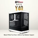 HYTE Y40 black/white case with a tempered glass panel, vertical GPU riser, and a compact mid-tower design.