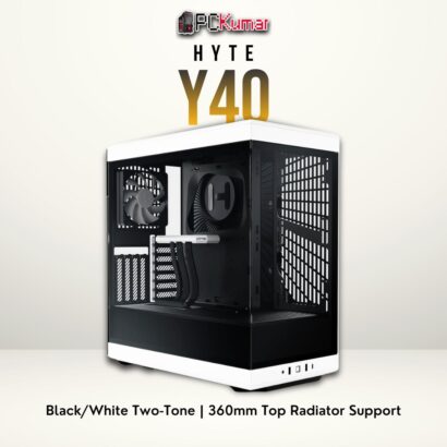 HYTE Y40 black/white case with a tempered glass panel, vertical GPU riser, and a compact mid-tower design.