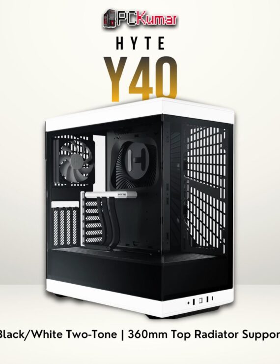 HYTE Y40 black/white case with a tempered glass panel, vertical GPU riser, and a compact mid-tower design.